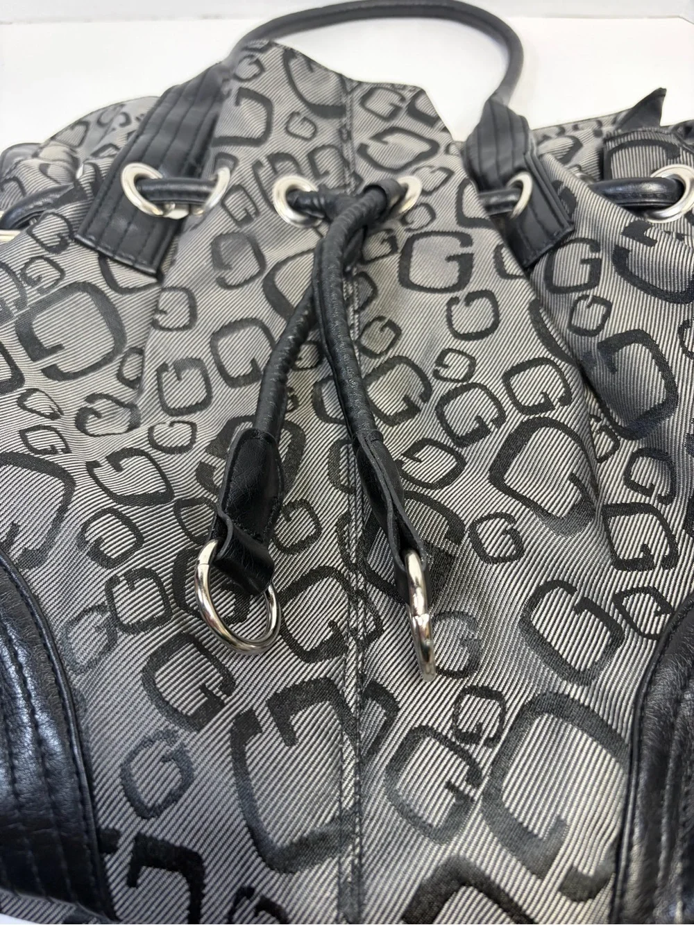 Guess Gray Monogram Drawstring Hobo Bag